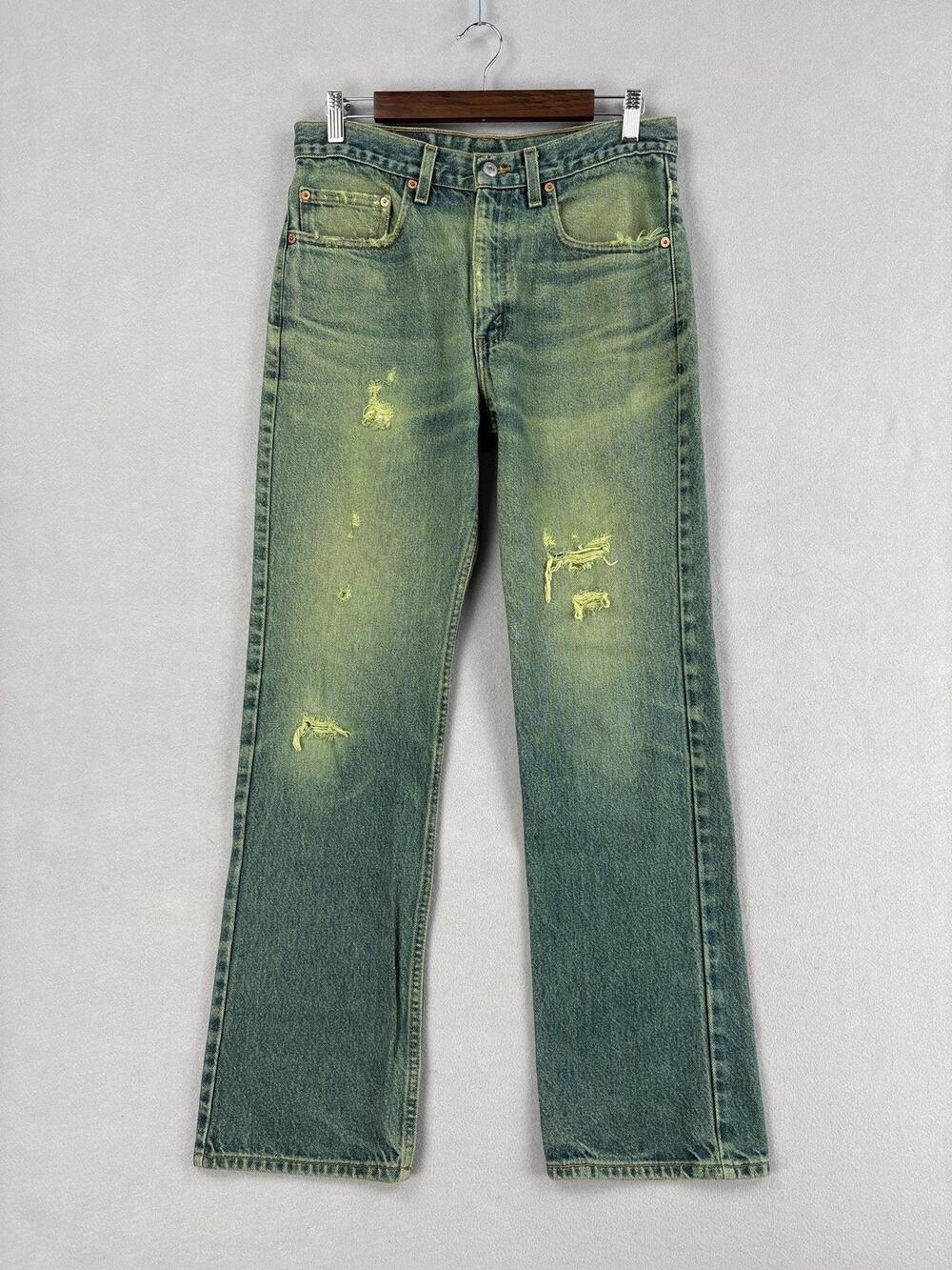 Vintage Levis 517 Jeans Mens 32x29 Green Denim Slim Bootcut Distressed USA 90s
